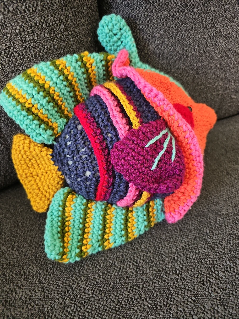 Handmade Colorful Crochet Fish Accent Pillow - Multicolor